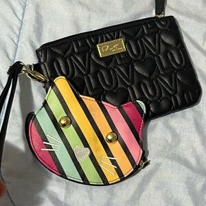 Love betsey jhonson Black Embossed Wristlet with Striped Cat Pouch